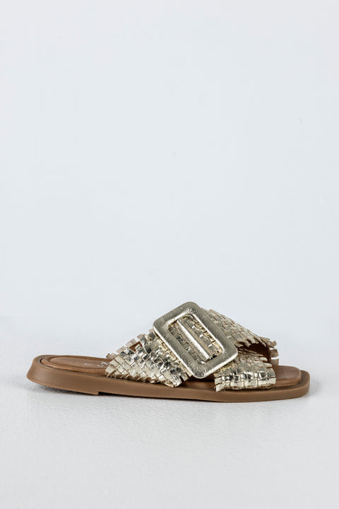 Leather slide sandals with big buckle