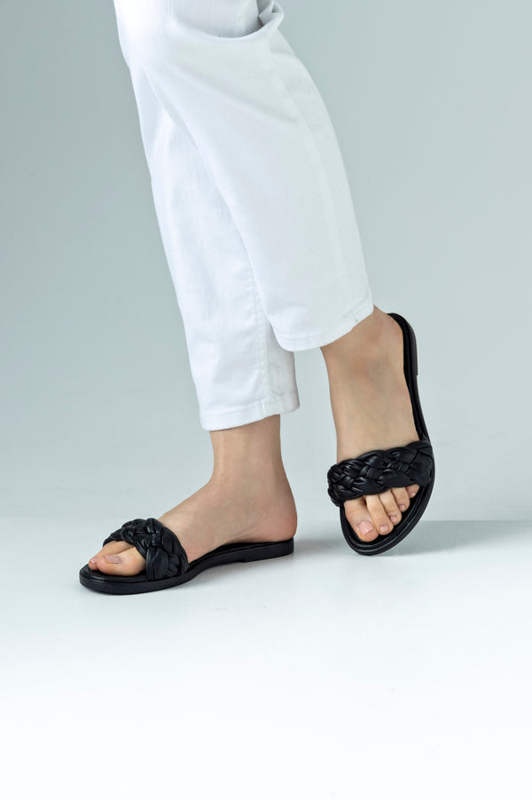 Leather, braided, flat sole slide sandals