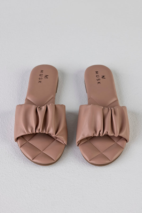 Ruched flat sole slide sandals