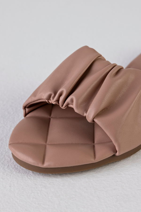 Ruched flat sole slide sandals