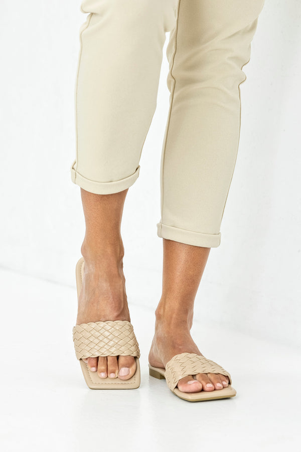 Braided vamp square toe slide sandals