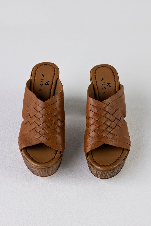 Leather platform heeled slide sandals