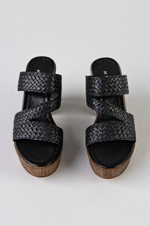 Leather platform heeled slide sandals