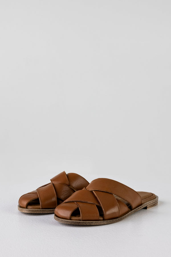 Leather woven-strap mules