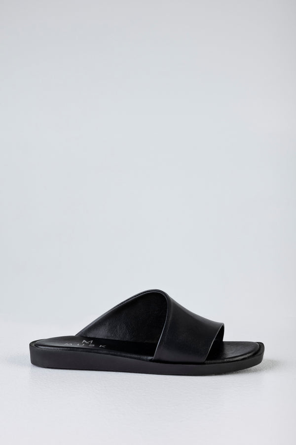 Leather asymmetrical slide sandals