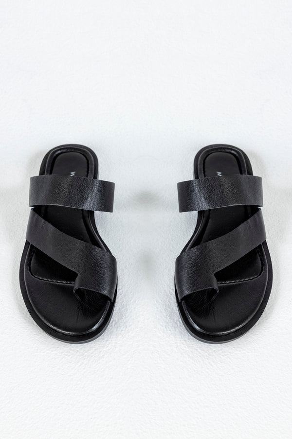 Leather asymmetrical toe slide sandals