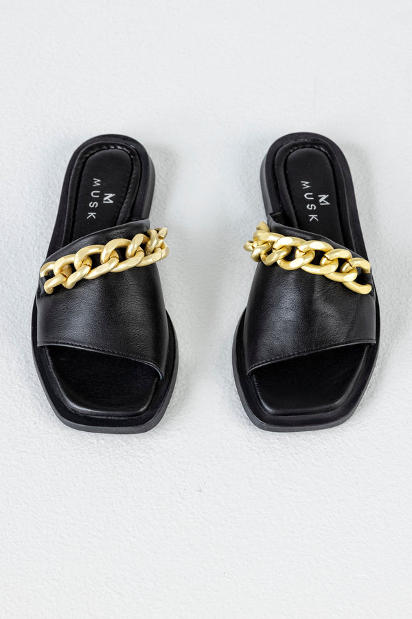Leather slide sandals with chain