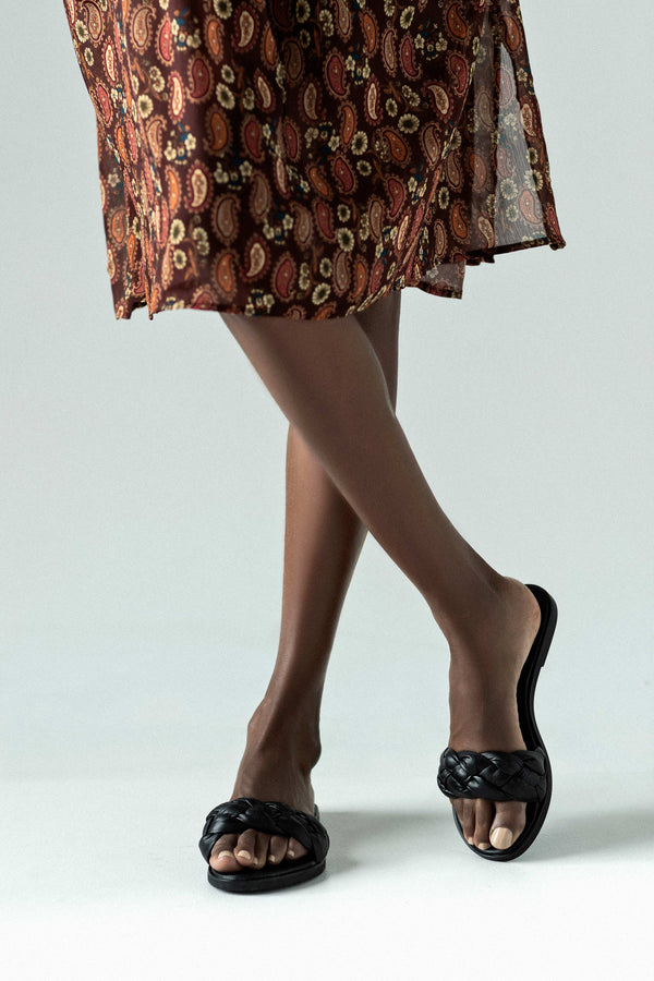 Leather, braided, flat sole slide sandals