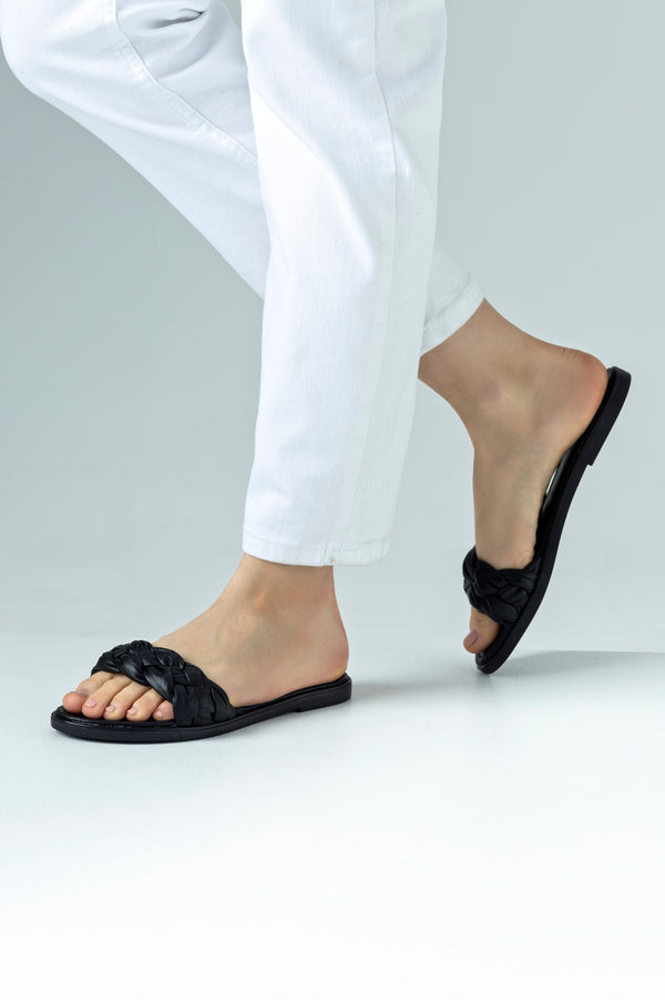 Leather, braided, flat sole slide sandals