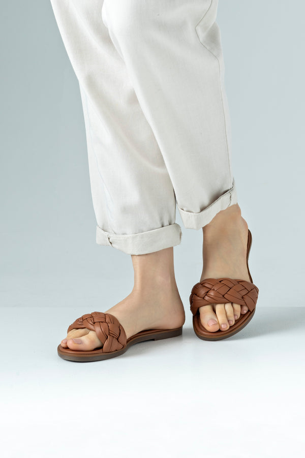 Leather, braided, flat sole slide sandals