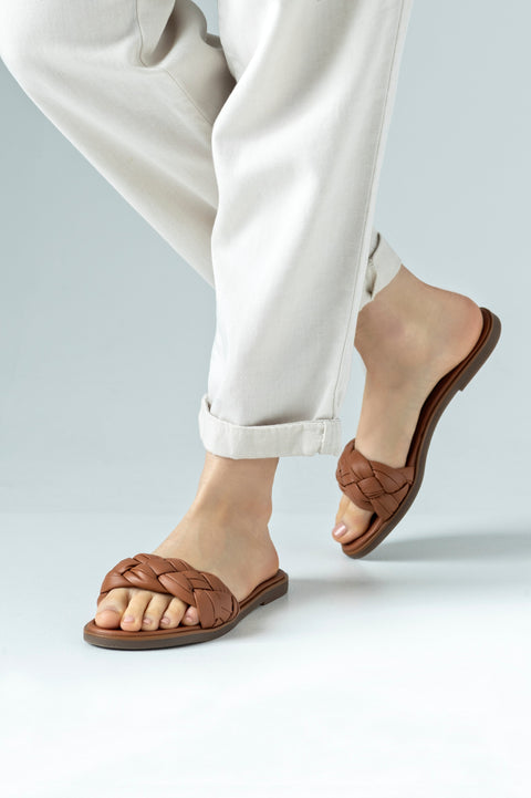 Leather, braided, flat sole slide sandals