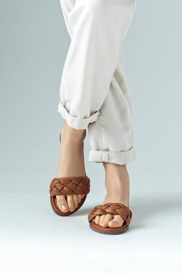 Leather, braided, flat sole slide sandals