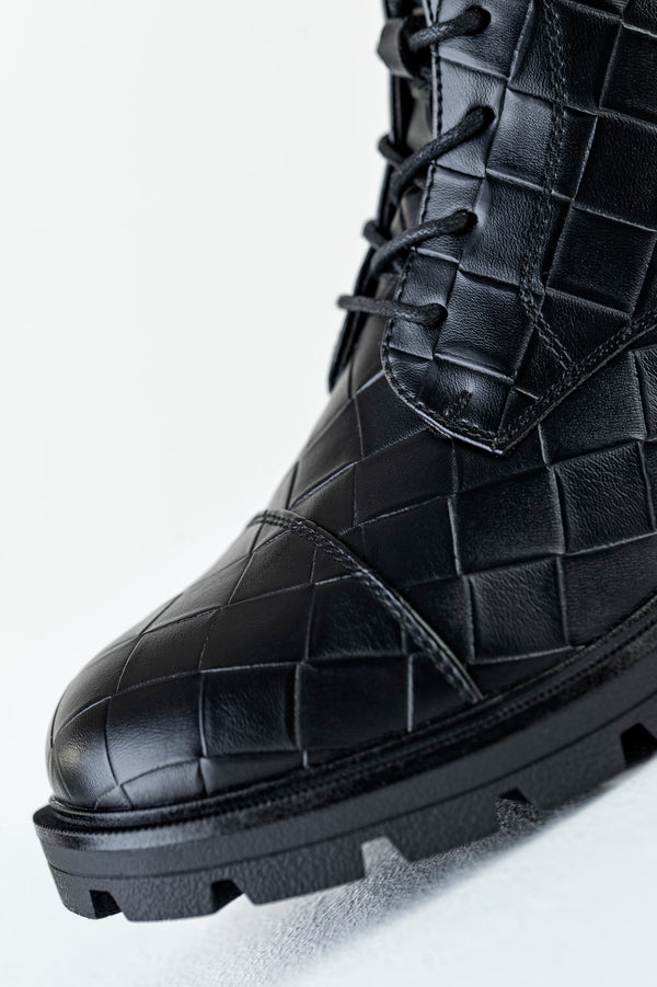 Lace-up, woven look boots