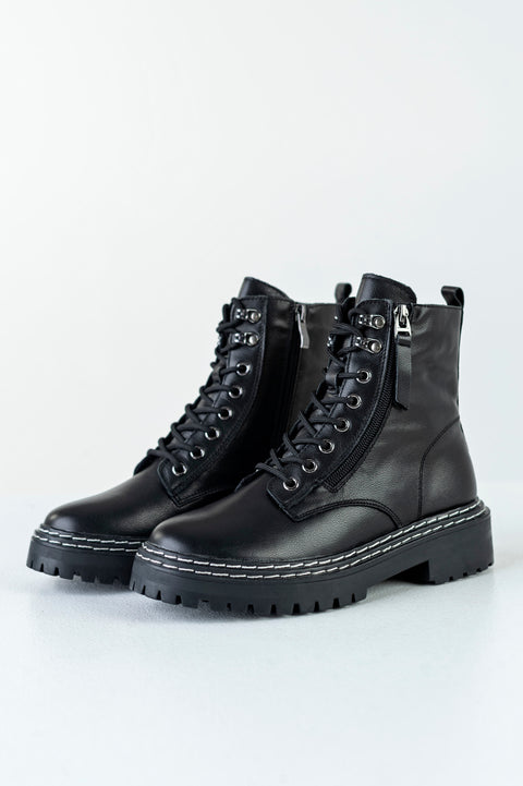 Leather lace-up boots with decorative zipper
