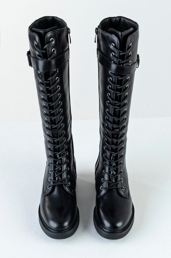 Lace-up long boots with buckle