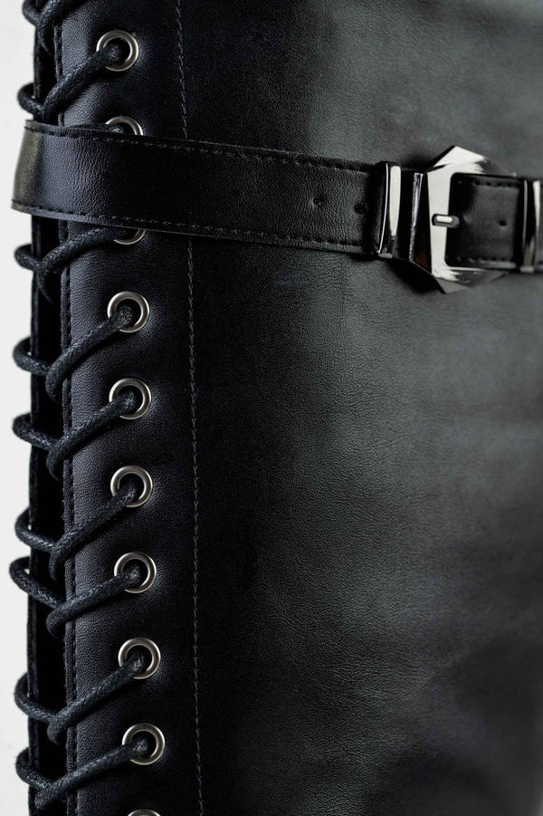 Lace-up long boots with buckle