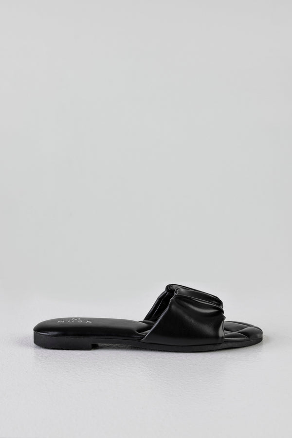 Ruched flat sole slide sandals