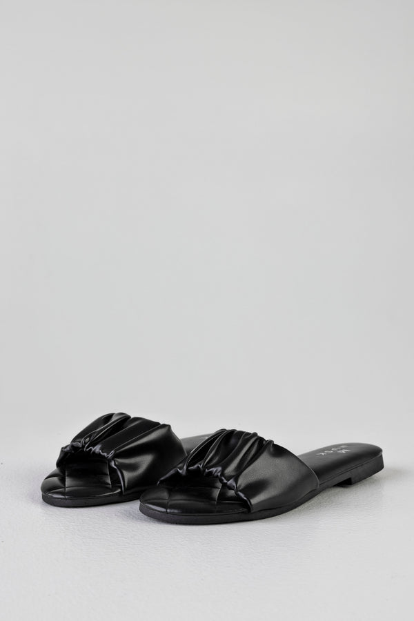 Ruched flat sole slide sandals