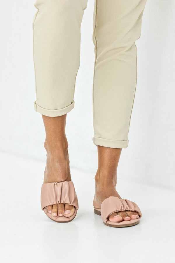 Ruched flat sole slide sandals