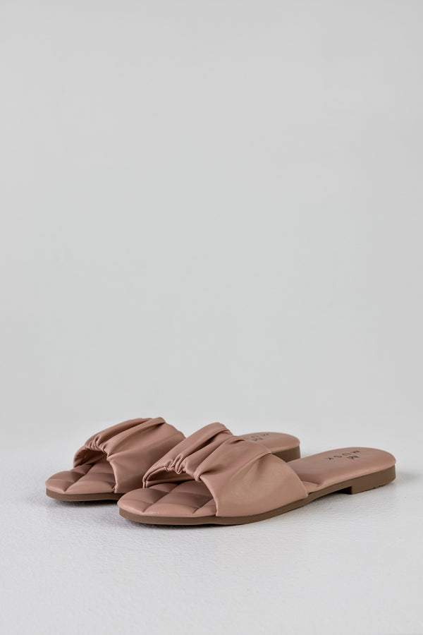 Ruched flat sole slide sandals