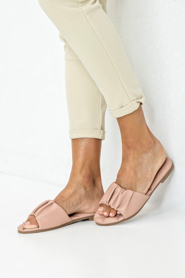 Ruched flat sole slide sandals