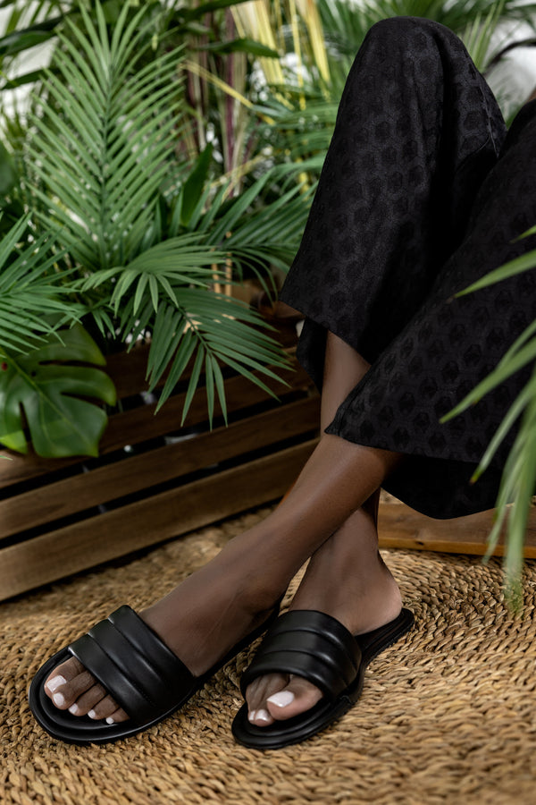 Quilted flat sole slide sandals