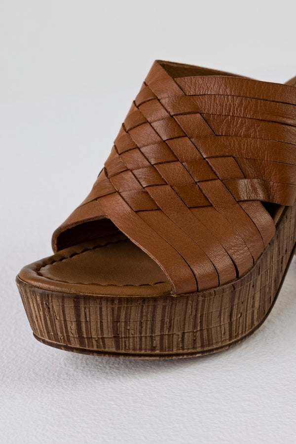 Leather platform heeled slide sandals