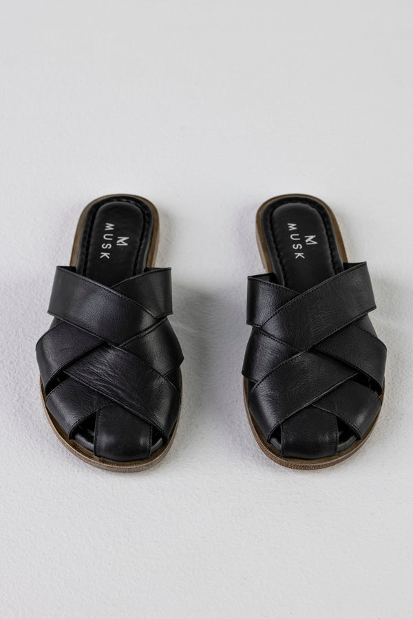 Leather woven-strap mules