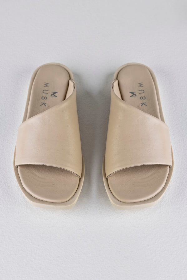 Leather asymmetrical slide sandals